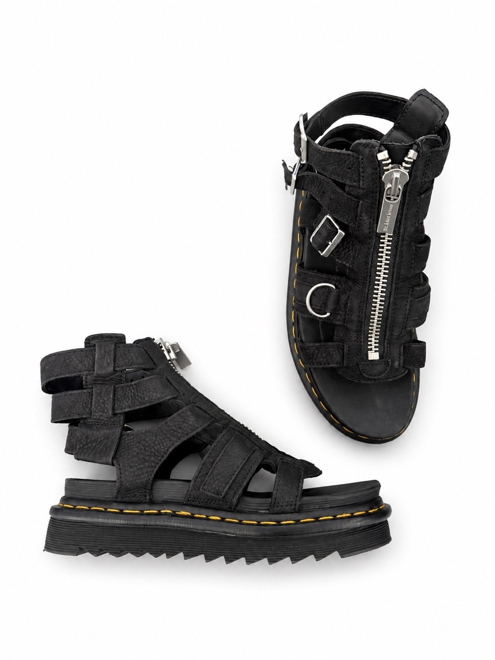 Dr. Martens Black Leather Gladiator Zip Sandals with Yellow Stitching